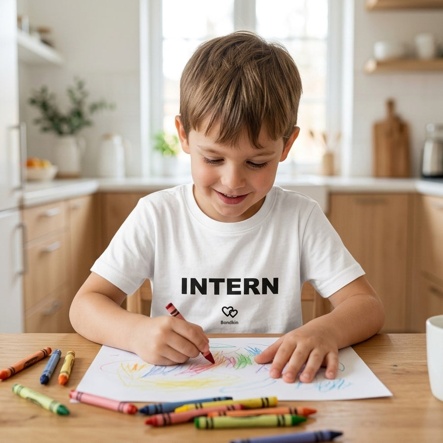 Boy in a white Bondkin Intern tee drawing with crayons at the kitchen table