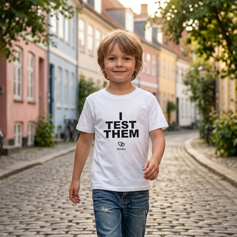 Smiling boy in a white Bondkin I test them tee on a cobblestone street