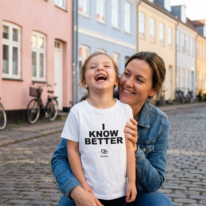 Laughing girl in a Bondkin I Know Better tee hugged by her mother on a Copenhagen street