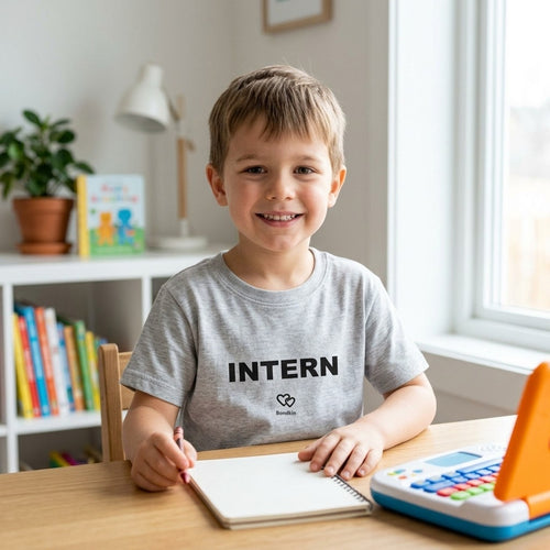 Boy in a grey Bondkin Intern tee at a desk with a notebook