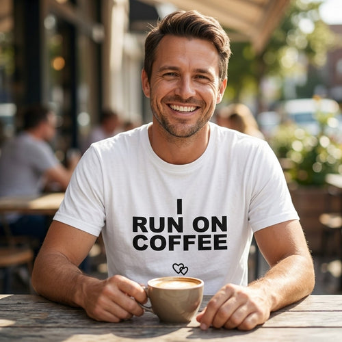 Smiling man in a white Bondkin I Run on Coffee tee at a cafe table