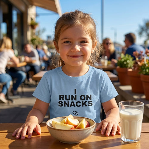 Girl in a blue Bondkin I Run on Snacks tee with apple slices at a cafe table
