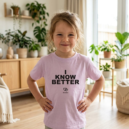 Cheeky girl in a pink Bondkin I Know Better tee, hands on hips