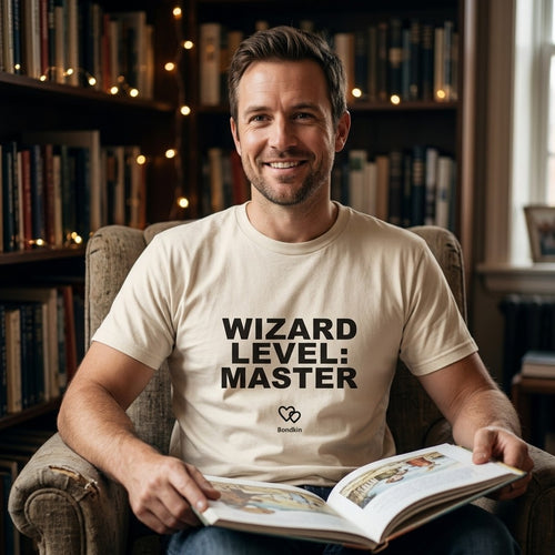 Man in a cream Bondkin Wizard Level: Master tee reading in an armchair
